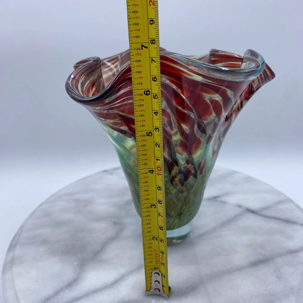 Vintage Artist Signed Studio Abstract Art Glass 1998 Handblown Ruffled Vase 7.5